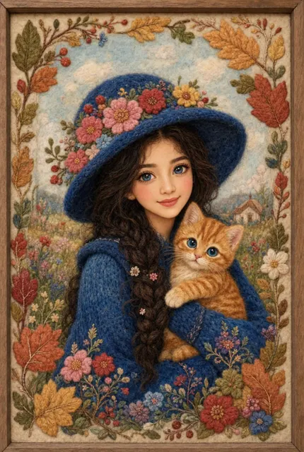 Whimsical felt embroidery asian woman kitten illustration