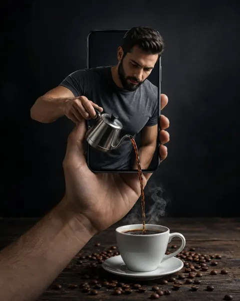 Surreal man emerging from phone pouring coffee