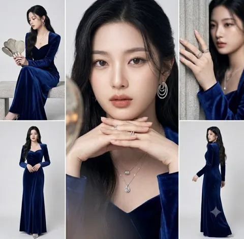 Royal blue velvet gown east asian woman fashion collage