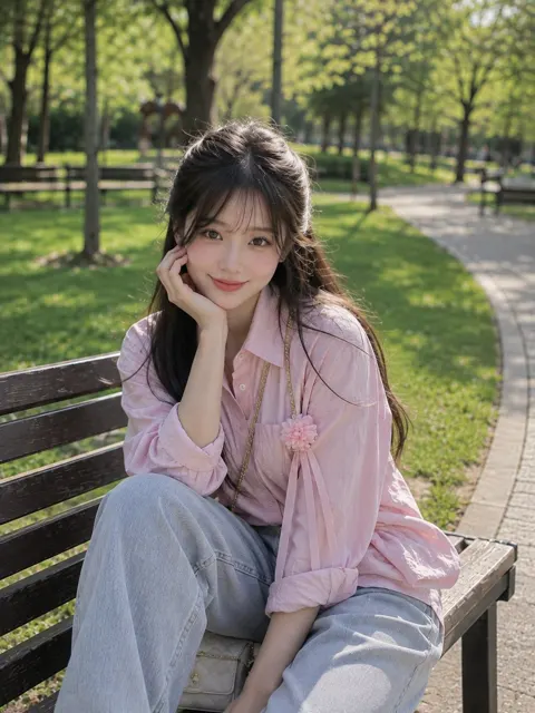 Beautiful east asian woman park bench spring outfit
