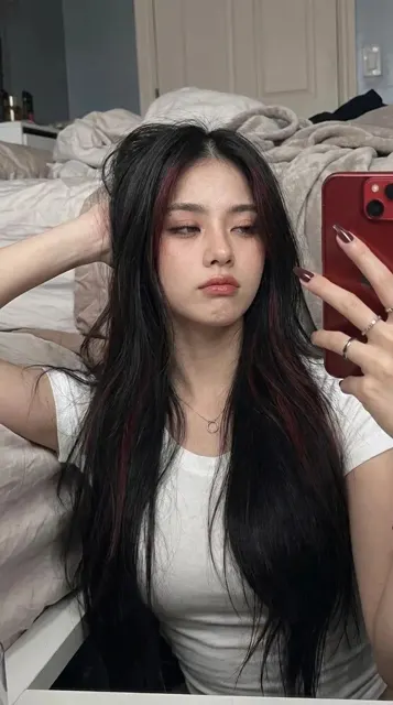 Ultra realistic mirror selfie young woman black hair