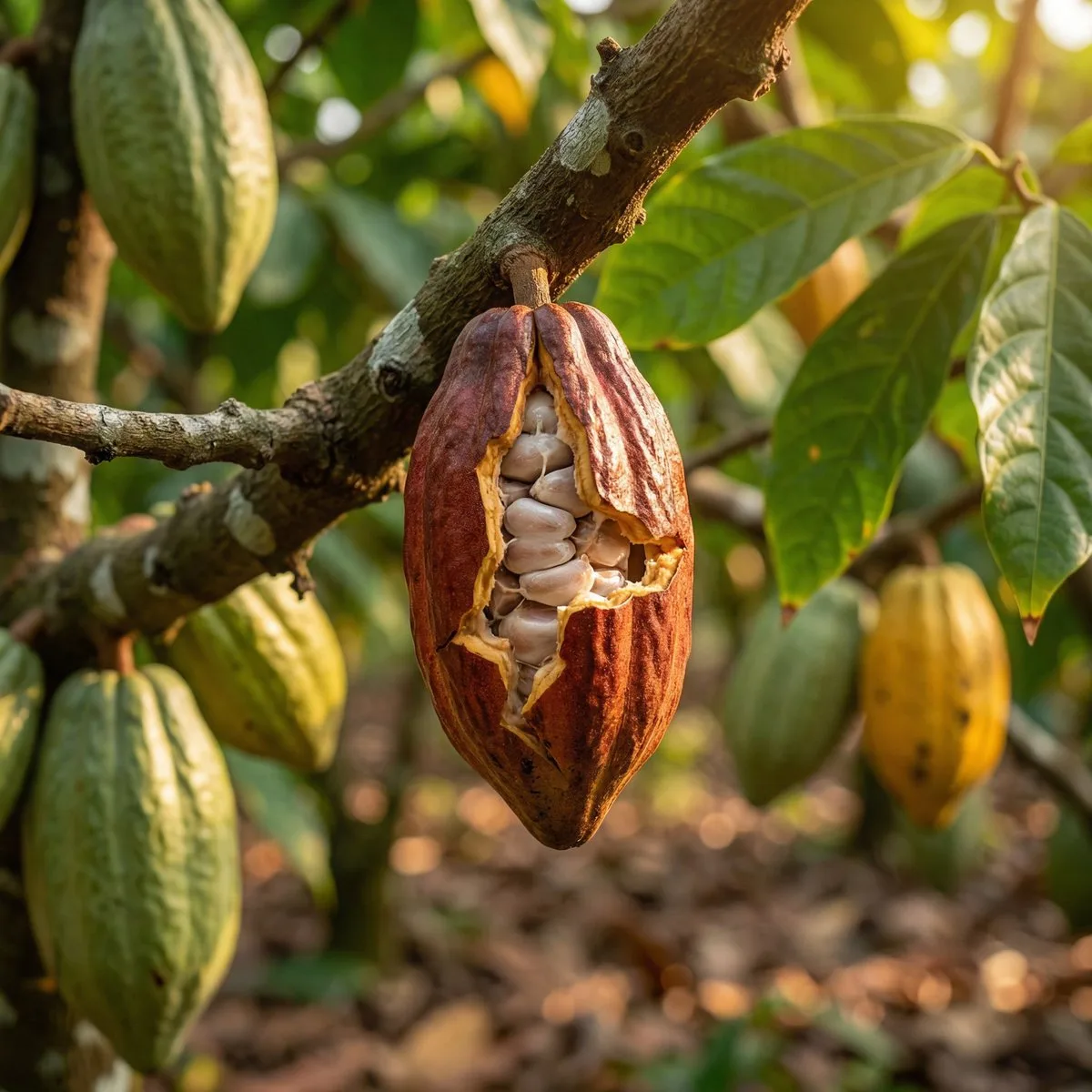 Realistic cocoa pod bursting roasted vortex — Sonra