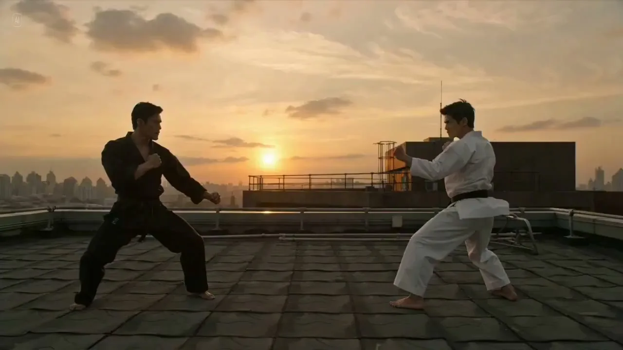 Sunset rooftop epic duel — Sonra