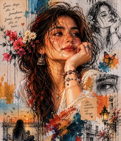 Vibrant mixed media south asian woman collage art