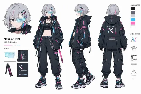 Cyberpunk hacker girl character design sheet neo rin