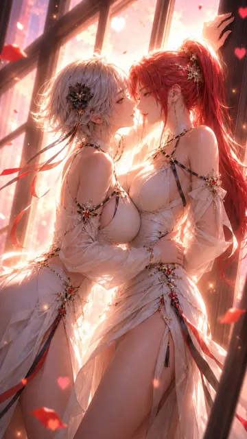 High end 3d cg two female characters intimate window composition