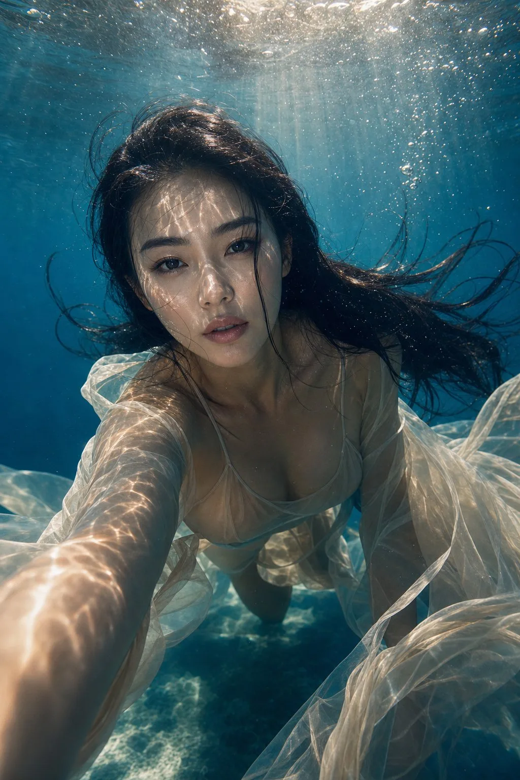 Hyper realistic oriental beauty underwater fashion portrait — After