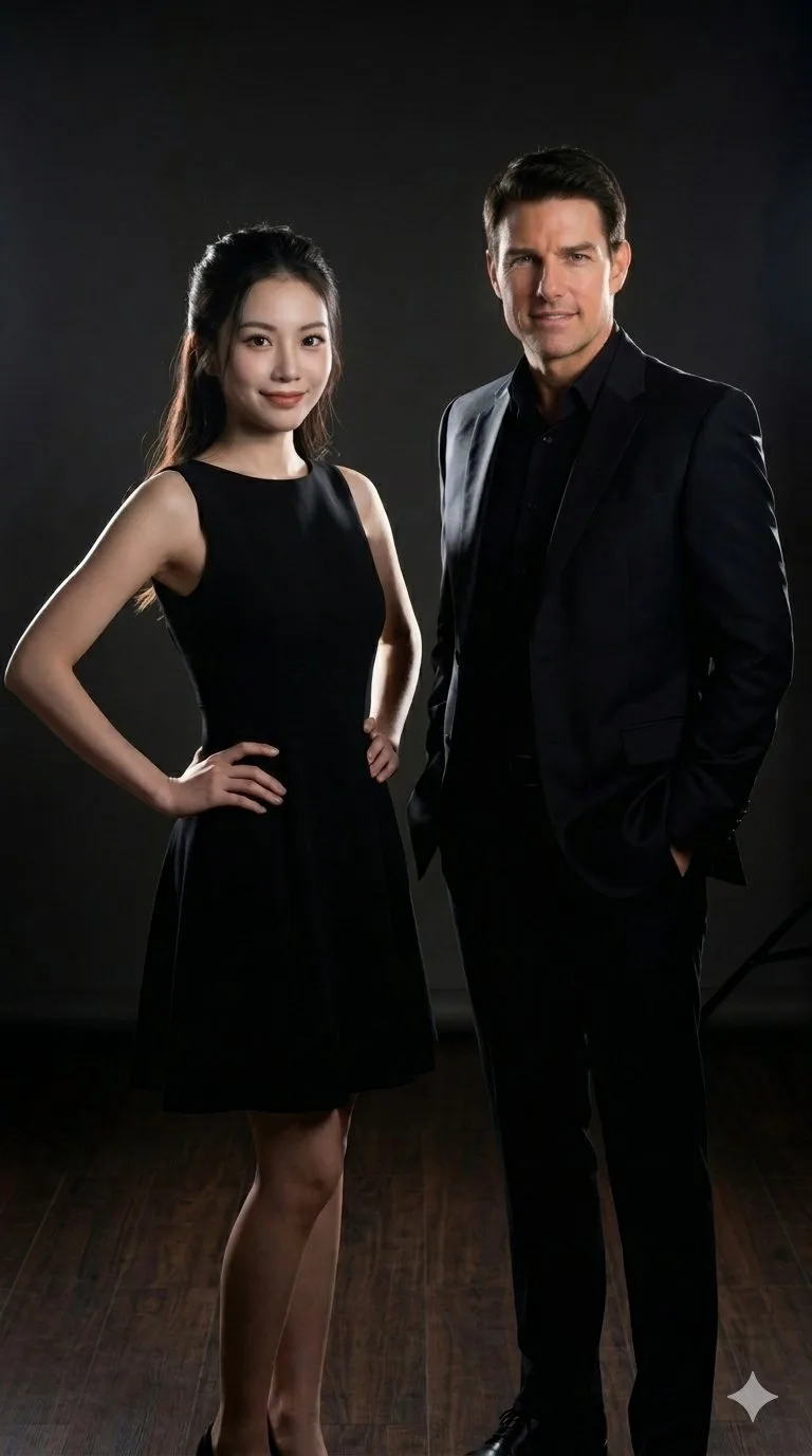 Professional studio portrait asian woman caucasian man dark background — After