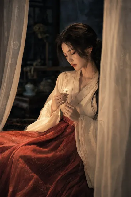 Young east asian woman ivory sculptural gown window portrait