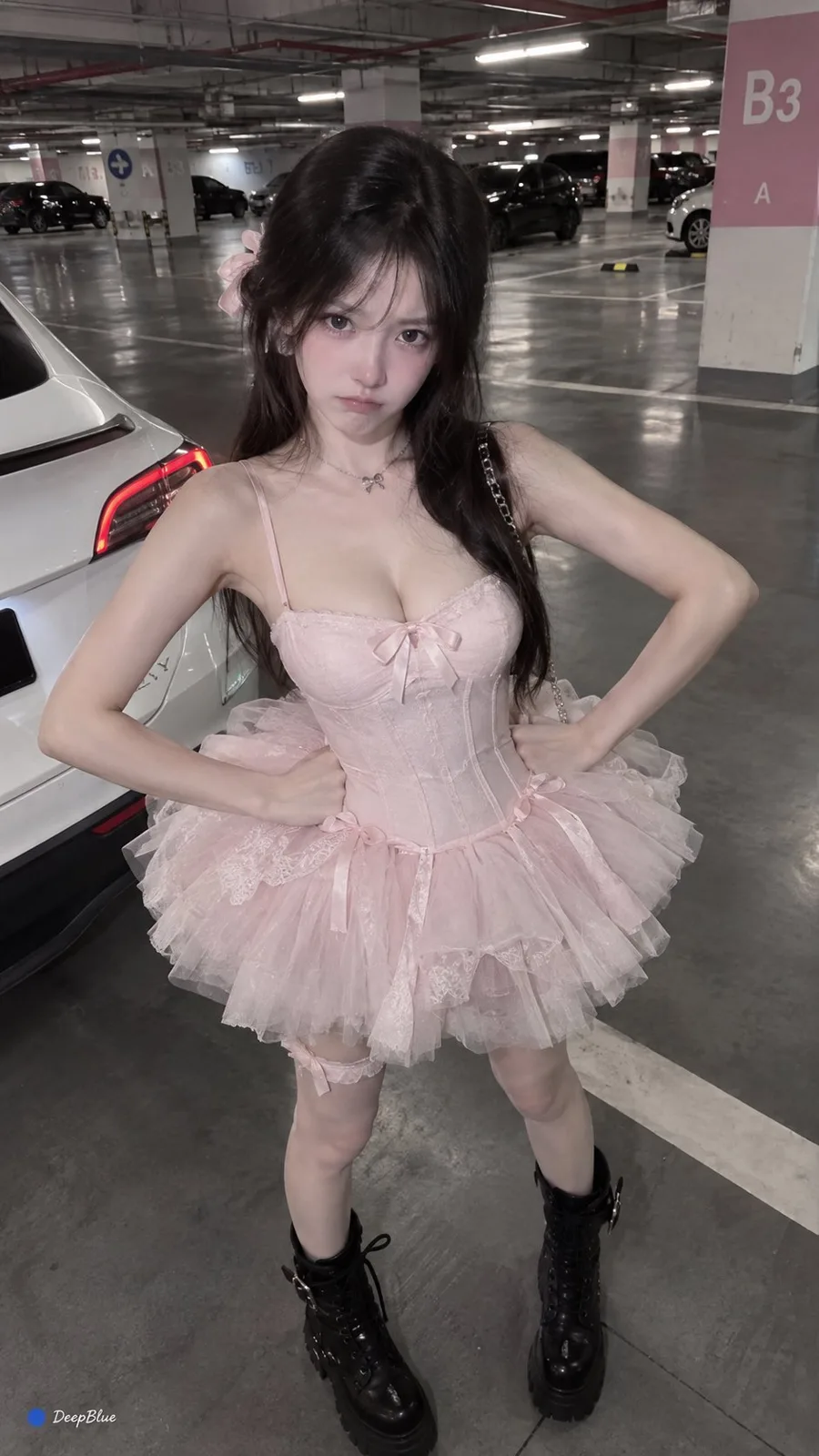 Pink ballet skirt black motorcycle boots parking lot — Sonra