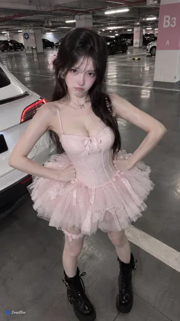Pink ballet skirt black motorcycle boots parking lot