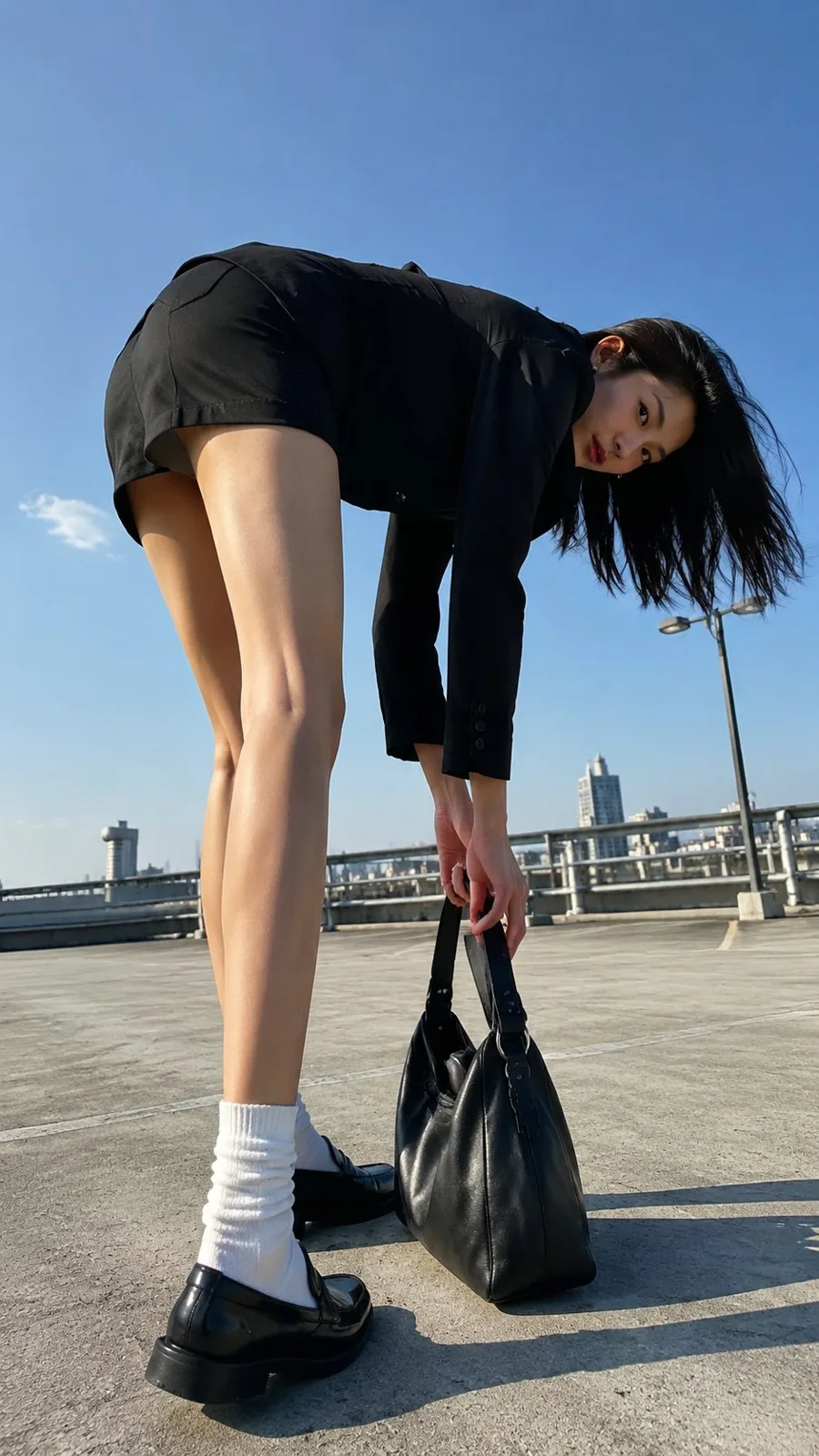 Low gaze portrait east asian woman urban commuter — Sonra