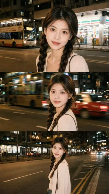 Realistic urban night street photo strip portrait