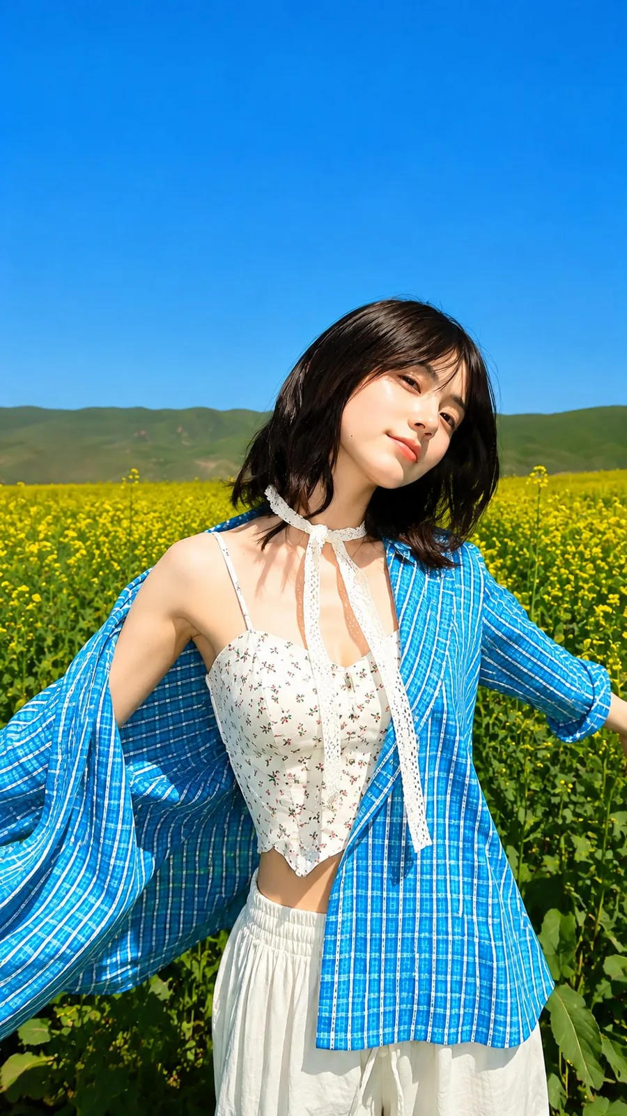 Ultra realistic fashion photography east asian woman rapeseed field — After