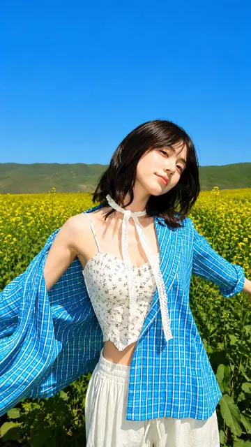 Ultra realistic fashion photography east asian woman rapeseed field