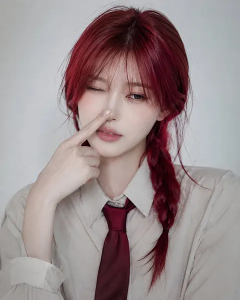 Crimson red hair japanese office fashion portrait