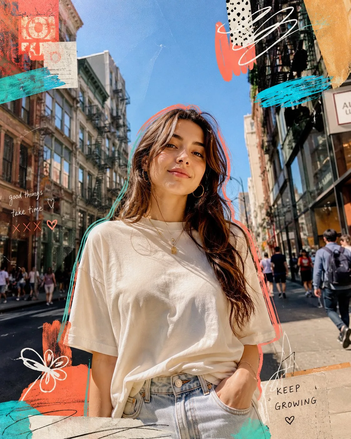 Ultra realistic street portrait mixed media collage woman — After