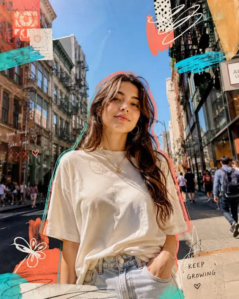 Ultra realistic street portrait mixed media collage woman