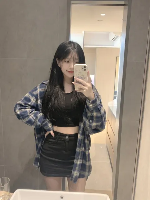 Young japanese girl mirror selfie blue plaid flannel