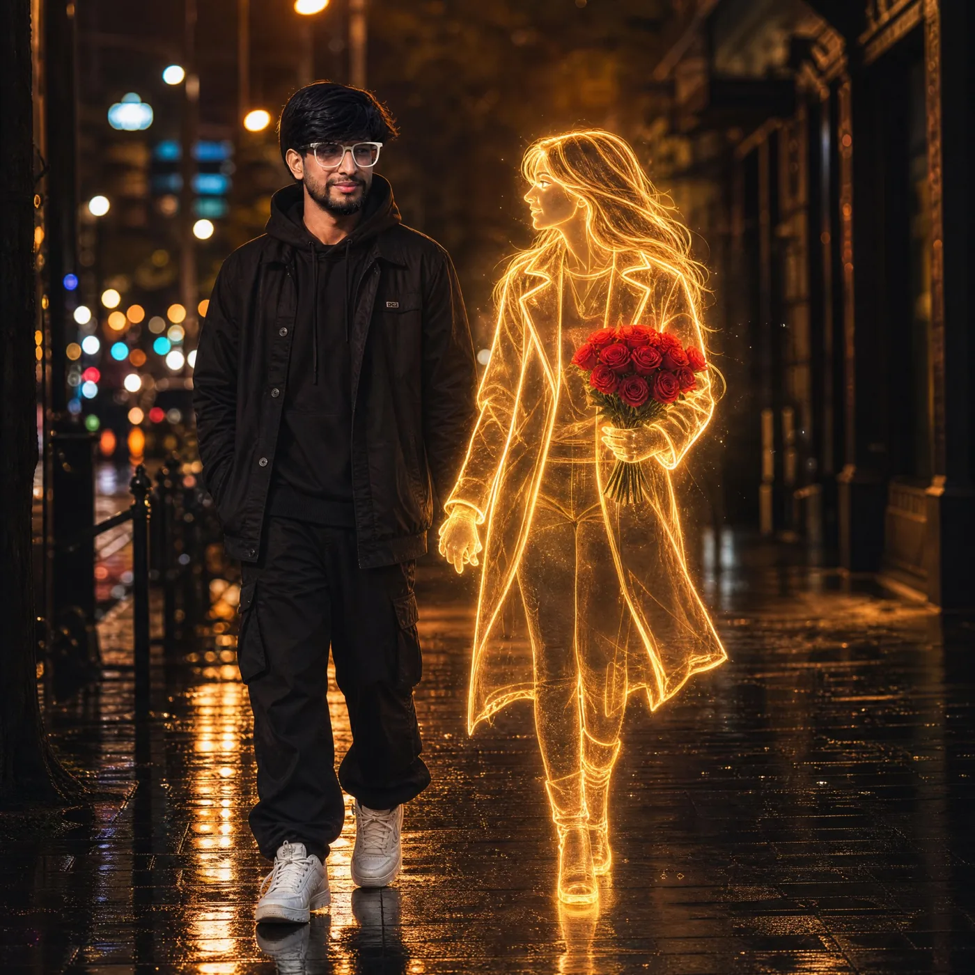 Man walking with holographic woman rainy night — Sonra
