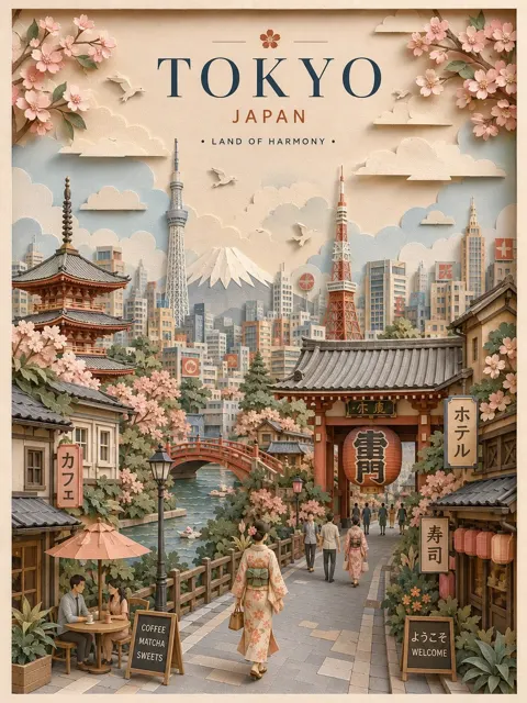 Elegant 3d layered papercut city travel poster