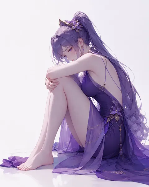 Oriental female knee hugging art poster illustration