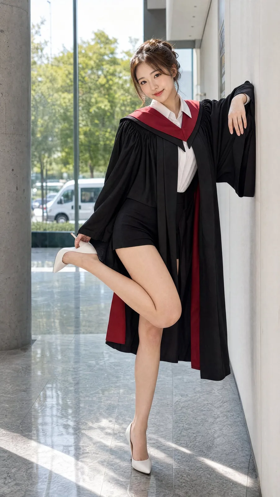 Young east asian woman graduation portrait university hallway — After