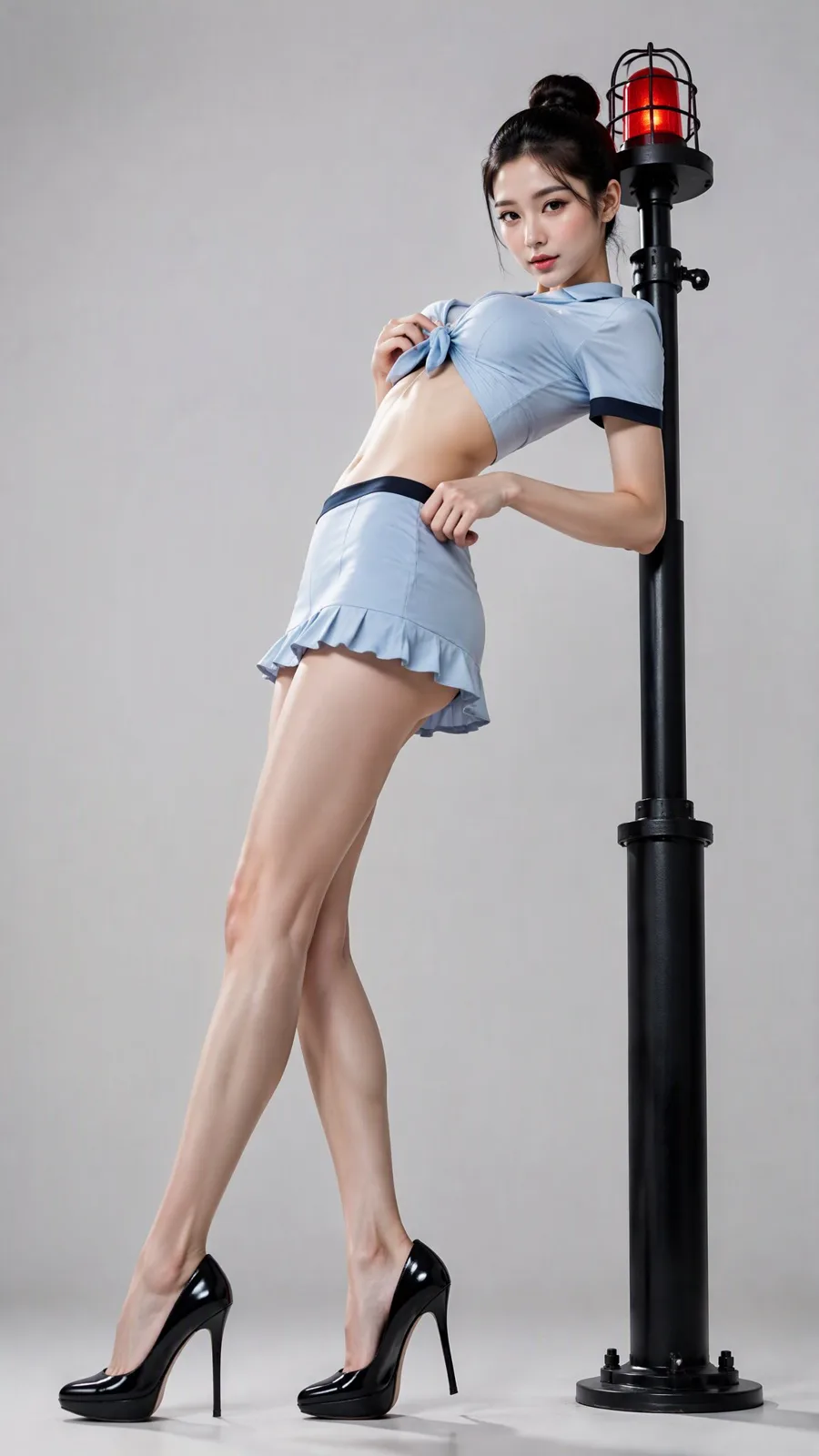 Asian woman blue uniform industrial beacon editorial — After
