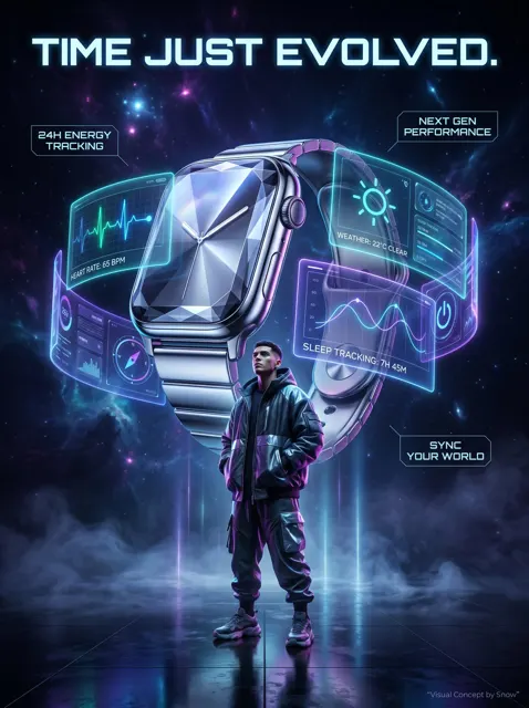 Futuristic chrome smartwatch commercial artwork