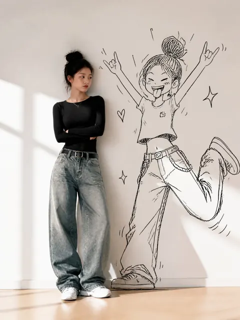 Real person and doodle shadow mixed media portrait