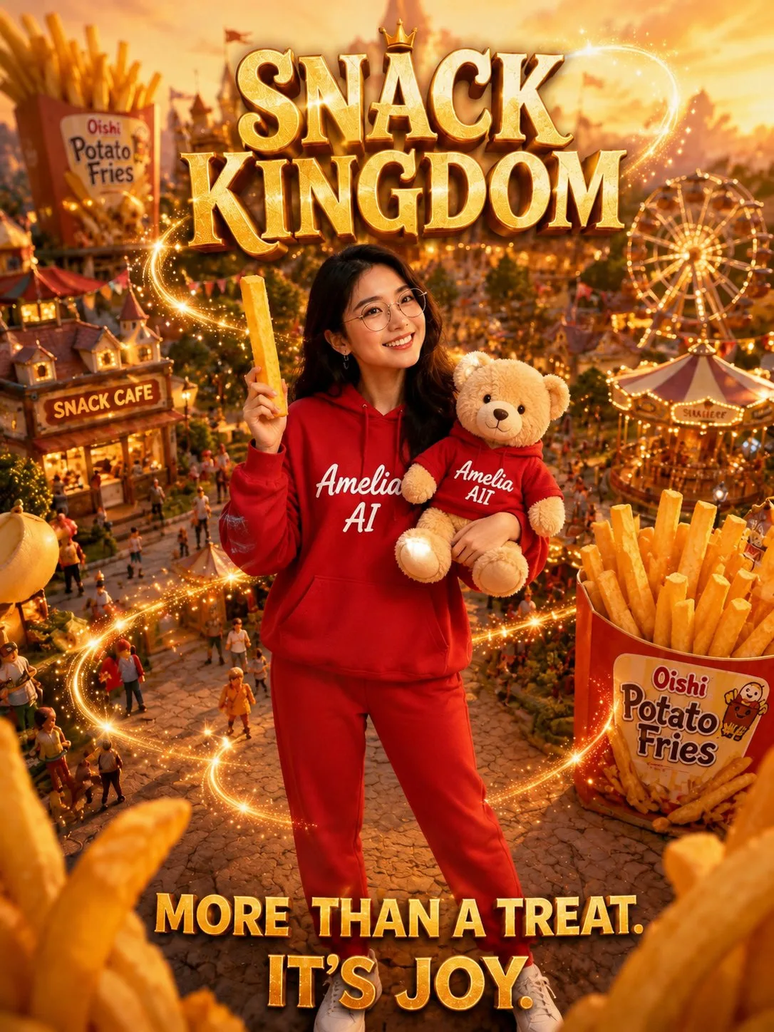 Ultra realistic fantasy snack kingdom advertising poster amelia ai — After