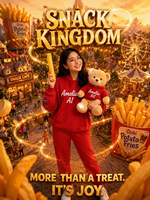 Ultra realistic fantasy snack kingdom advertising poster amelia ai