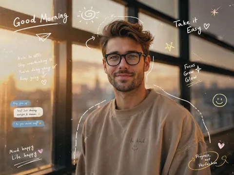 Cinematic stylish man golden sunrise doodles portrait
