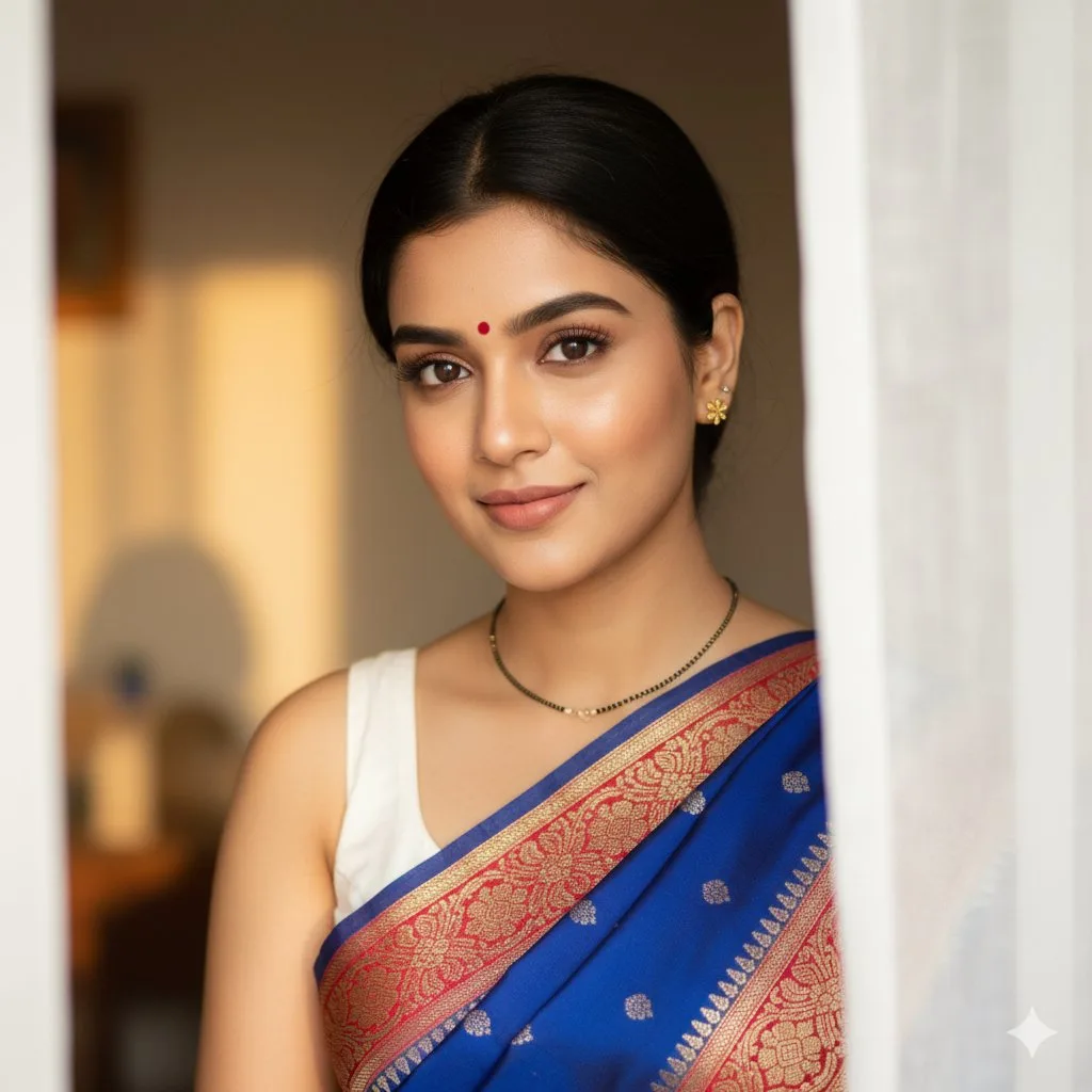Gentle south asian girl blue saree — Sonra