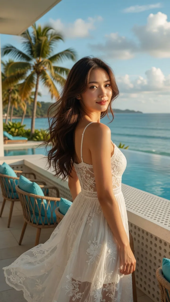 Beautiful east asian woman tropical resort infinity pool — After