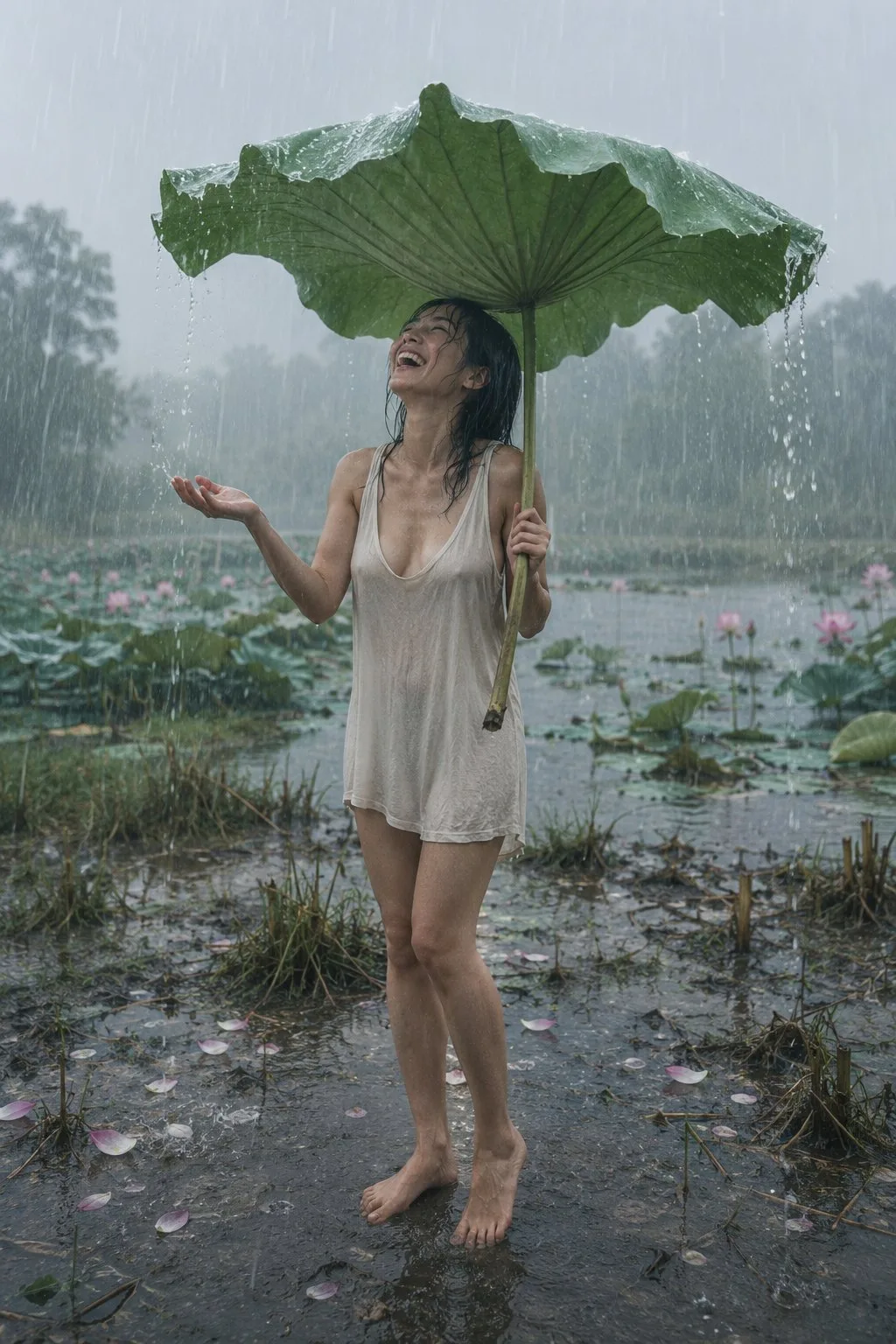 Japanese woman rain lotus leaf cinematic photography — Sonra
