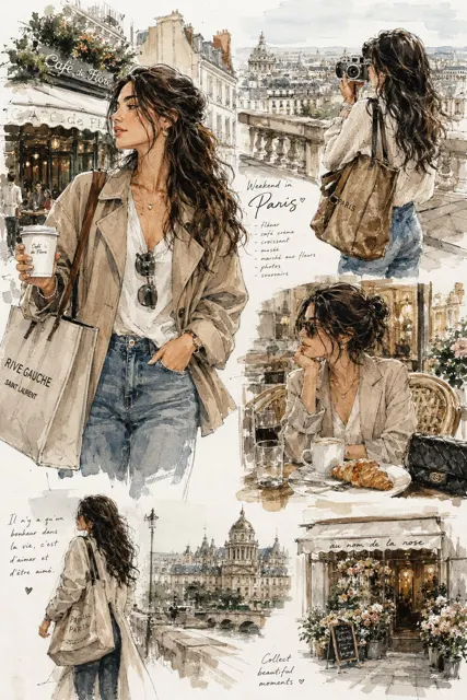 Elegant watercolor fashion illustration european travel