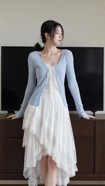 Indoor lifestyle realistic portrait east asian woman misty blue
