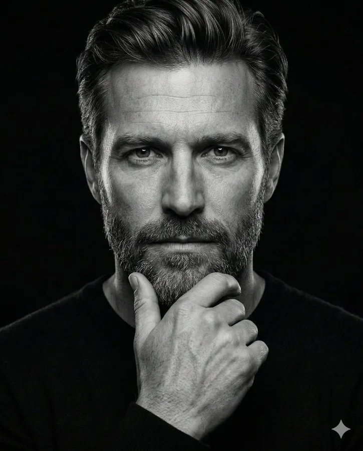 Black and white thinker portrait — Sonra