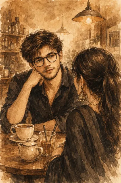 Sepia watercolor romantic cafe illustration