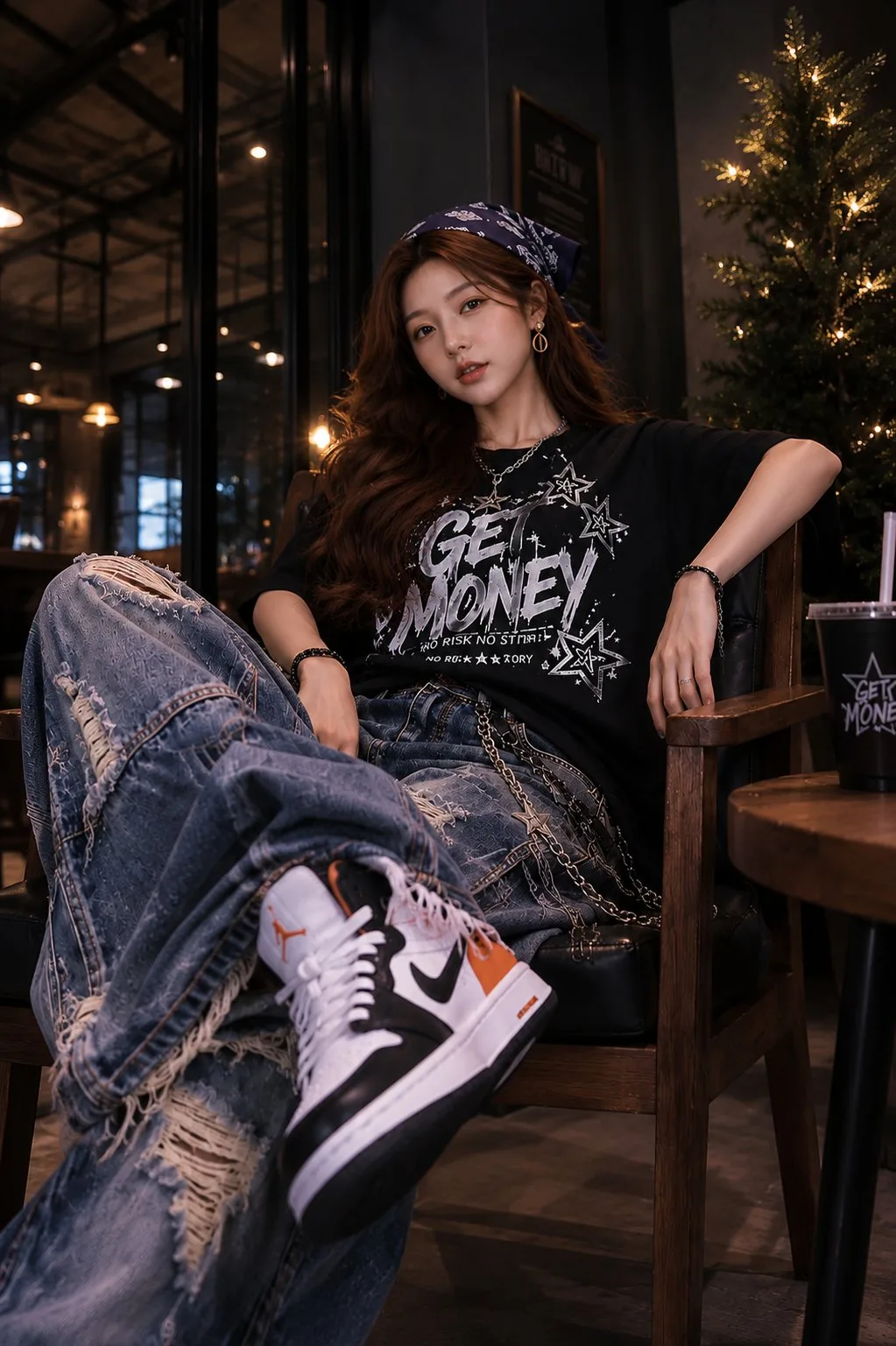 Ultra realistic premium cafe night fashion portrait — After
