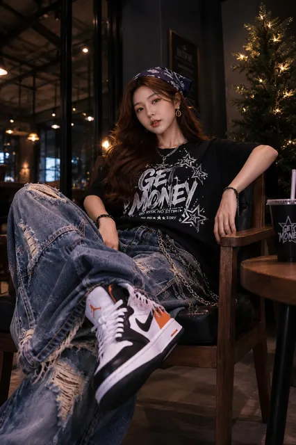 Ultra realistic premium cafe night fashion portrait