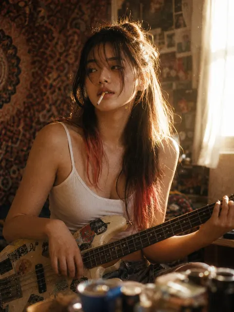 Cinematic indie girl bass guitar summer afternoon