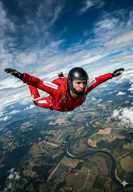 Young man red suit skydiving freefall