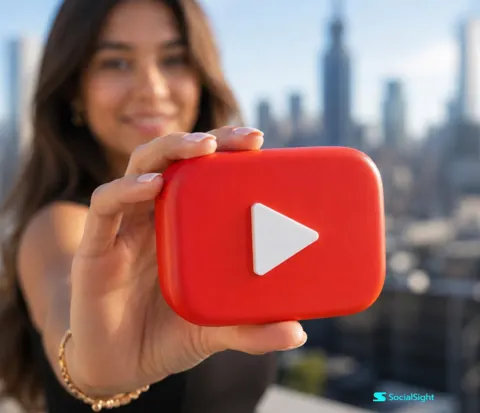 Realistic woman hand holding 3d youtube logo