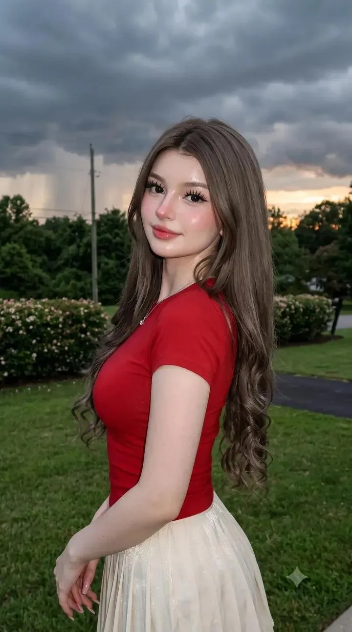 Pap style red tshirt girl twilight portrait — Sonra