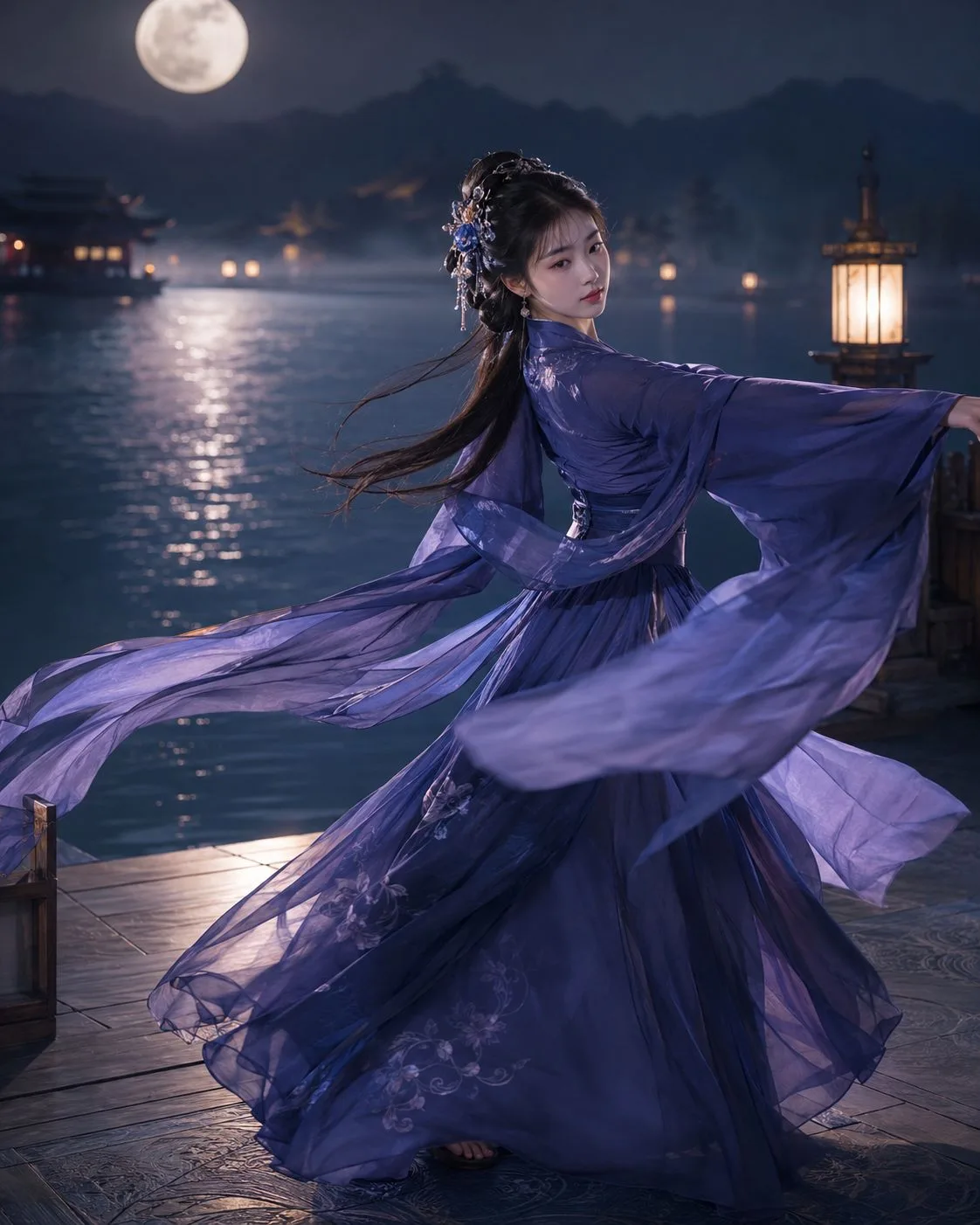 Chinese traditional dancer waterfront moonlight — After