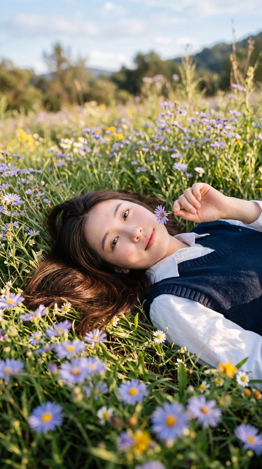 Young east asian woman sunny meadow wildflowers — After