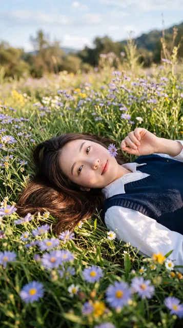 Young east asian woman sunny meadow wildflowers