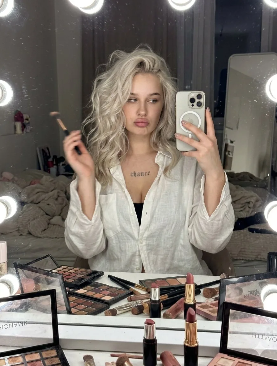 Messy blonde mirror selfie — Sonra